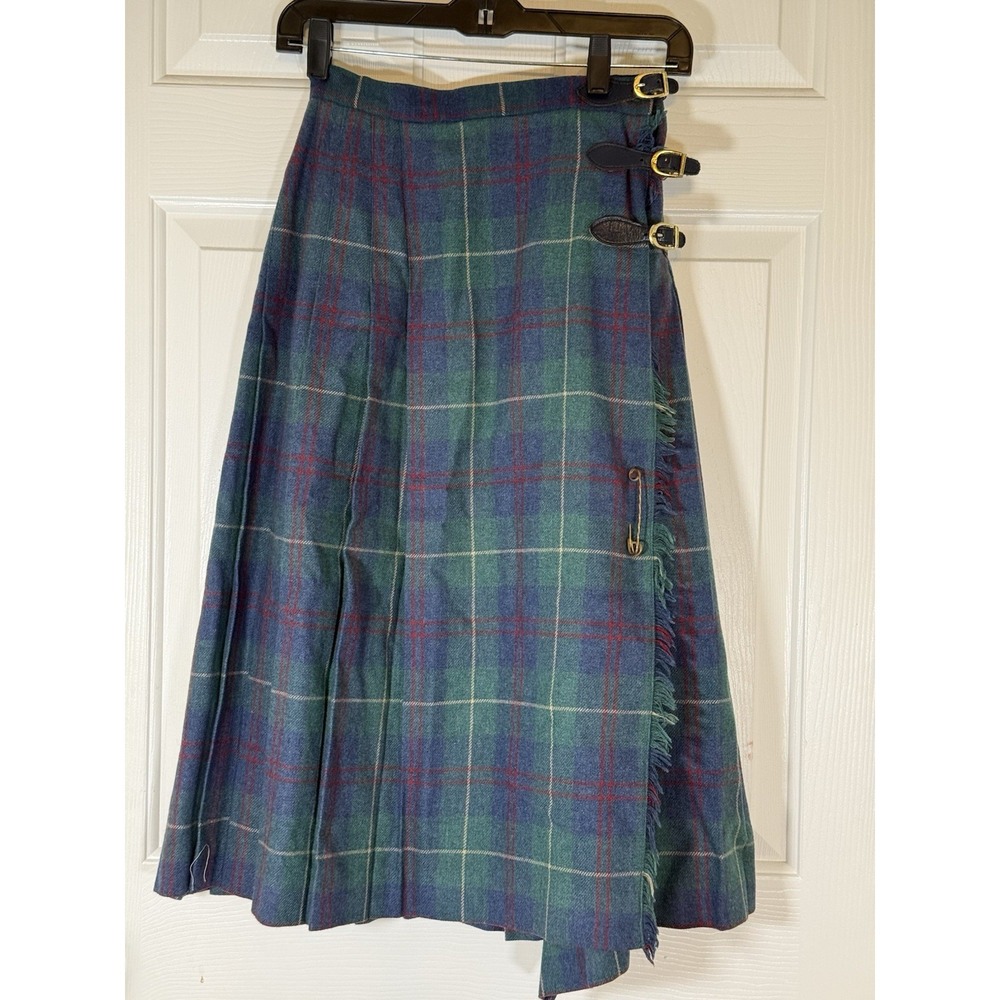 Vtg Gordon Of PA Blue Green Plaid Pleated Wool Skirt Size Small Acadamia Preppy